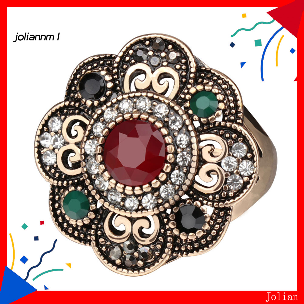 [JM] Vintage Women Hollow Floral Rhinestone Statement Ring Jewelry Party Cocktail