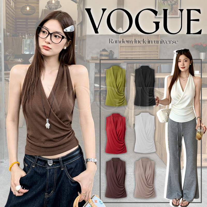 Vogue พร้อมส่ง เสื้อยืดแขนกุดสำหรับผู้หญิง สไตล์สาวฮอตเซ็กซี่ หลังปิดคอวีไขว้สีสดใส่สบาย (3K023)