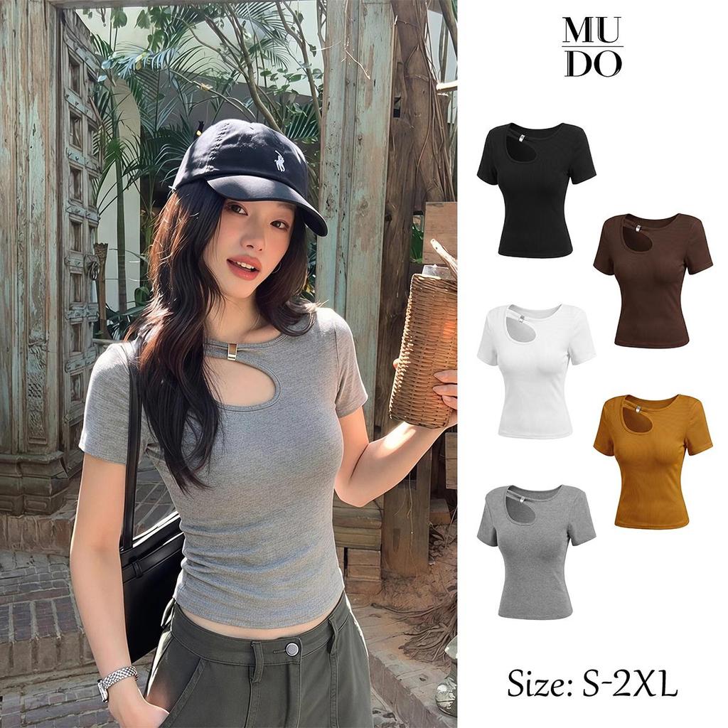 MUDO เสื้อแขนสั้นสไตล์เกาหลีสาวฮอต ดีไซน์คออสมมาตร ทรงกระชับดูผอม ผ้านุ่มสบาย ยืดหยุ่นสูง เข้ากับทุกลุค #1052