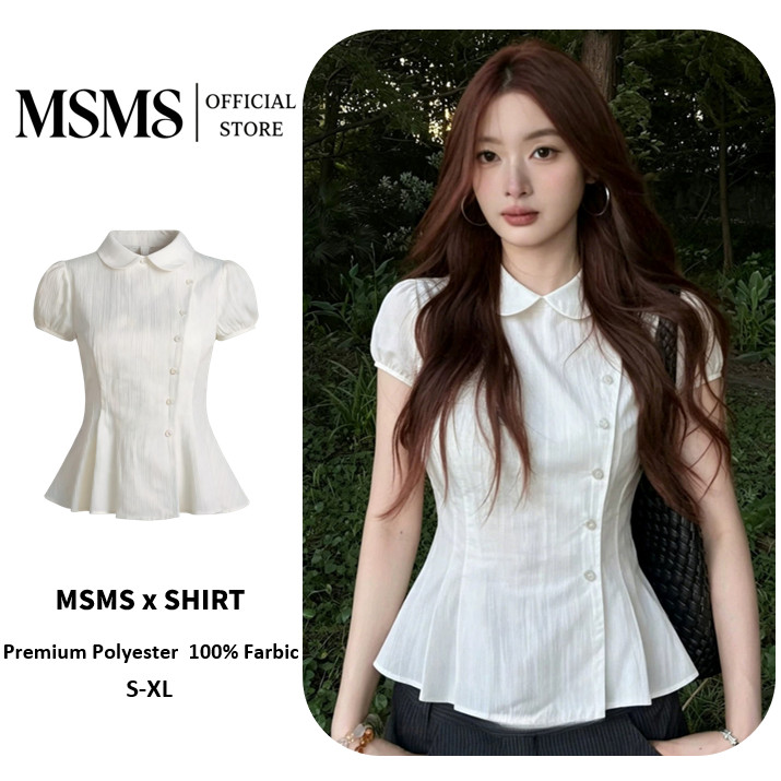 Collared Slim Blouse Shirt เสื้อเชิ้ตผู้หญิงคอปกหมีแขนสั้น ทรงรัดเอว กระโปรงปลาย ใส่ทำงานสไตล์เกาหลี