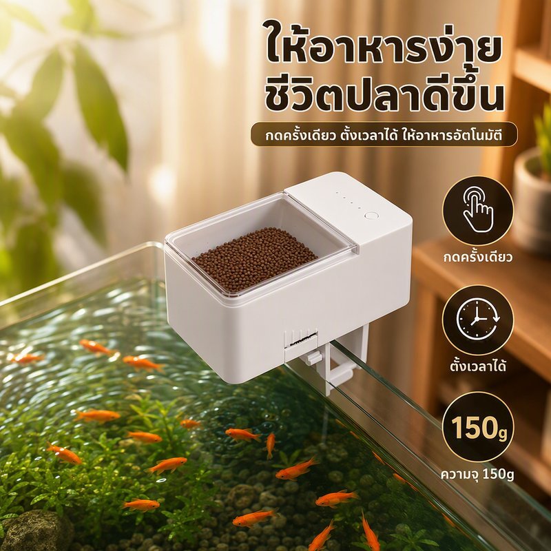 เครื่องให้อาหารปลาอัตโนมัติ ตั้งเวลา 4 ระดับ ป้องกันติดขัด ถังอาหาร 150 กรัม แบตเตอรี่ใช้ได้นาน