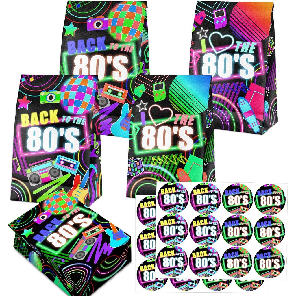 24 ชิ้น 80S Goodie กระเป๋าสติกเกอร์ - 80S Themed Birthday Party Favor กระเป๋า, เหมาะสําหรับ 80S Part