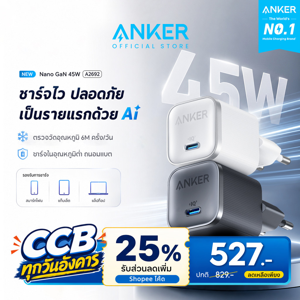 [ส่งไว 24 ชม.] ANKER 45W  หัวชาร์จ Nano Charger GaN หัวชาร์จ