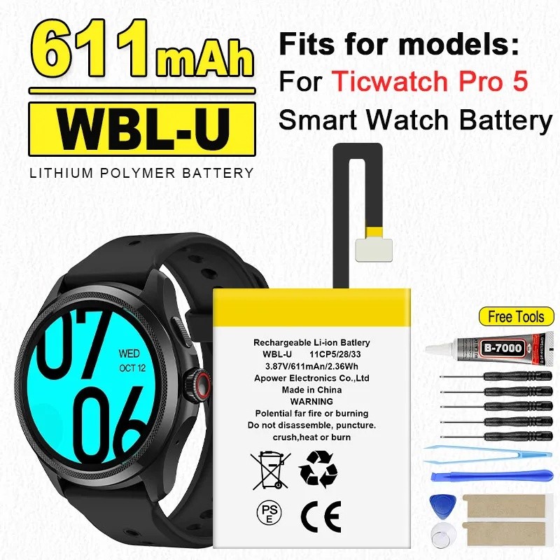 แบตเตอรี่ WBL-U 452732 สําหรับสมาร์ทวอทช์ Ticwatch pro 5 WBL-U Batteria 611mAh
