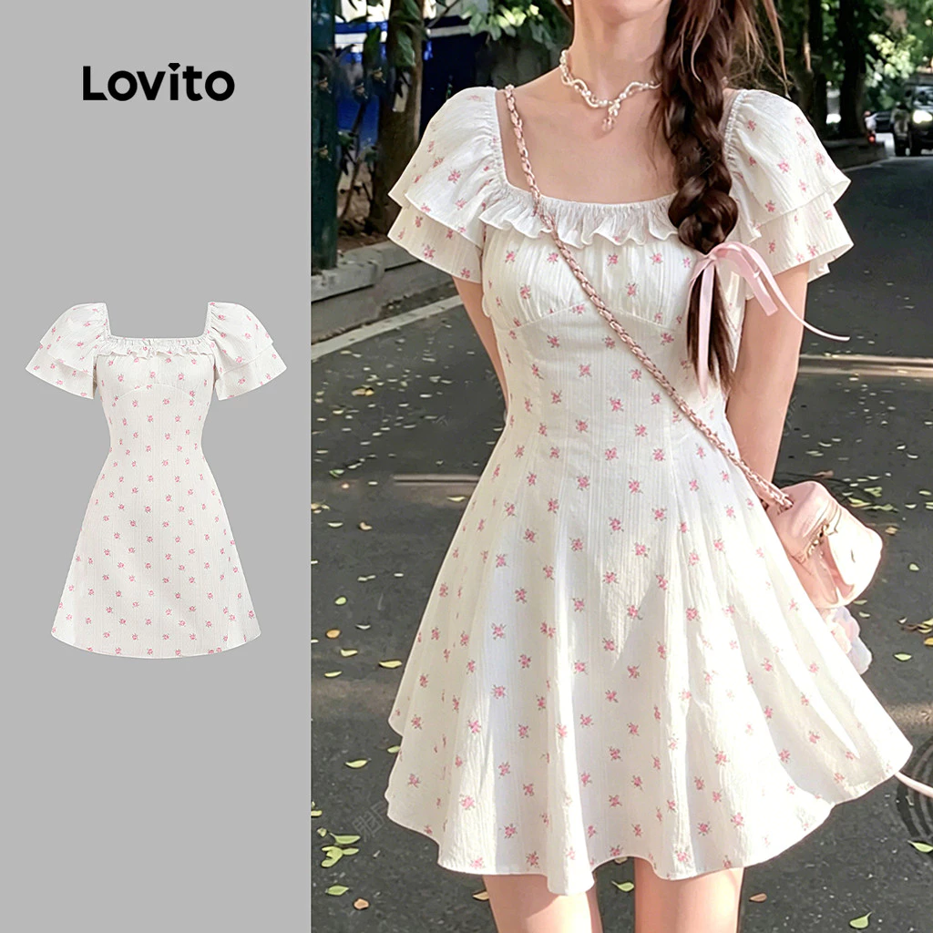 (New Arrival) Lovito ชุดเดรสลําลองสําหรับผู้หญิง มีซิปและระบาย ลายดอกแอปริคอต เหมาะสําหรับฤดูใบไม้ผลิและฤดูร้อน เกาหลี อินเทรนด์ L197AD120