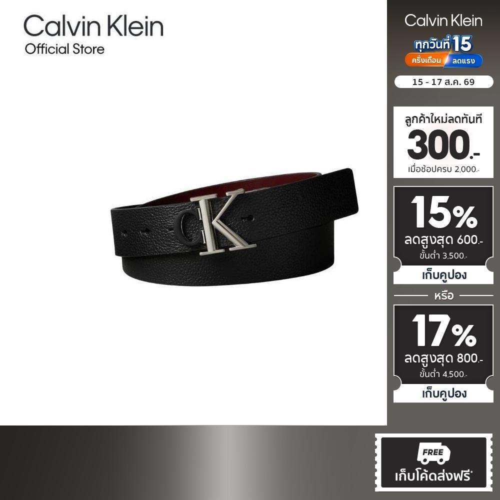 CALVIN KLEIN เข็มขัดผู้ชายหนังแท้ ใส่ได้ 2 ด้าน Monogram Buckle Reversible Belt 35mm รุ่น 4D7019G QCR-สีดำ