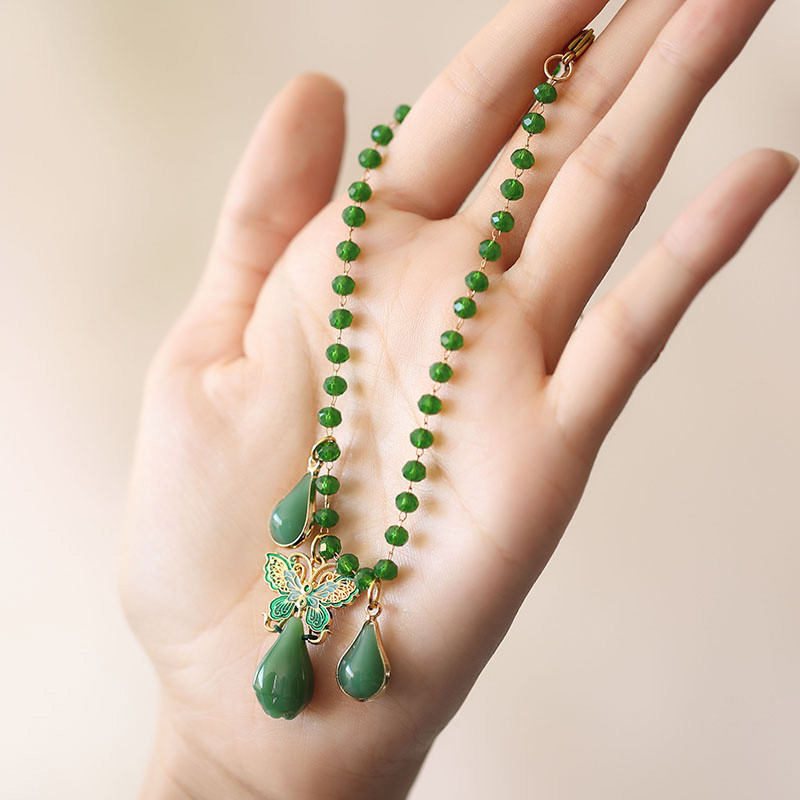 {Dream of Butterfly Emerald Shadow} กําไลข้อเท้าคริสตัลโบราณโซ่เท้าผีเสื้อตกแต่งสีเขียวโซ่ Instep Lo