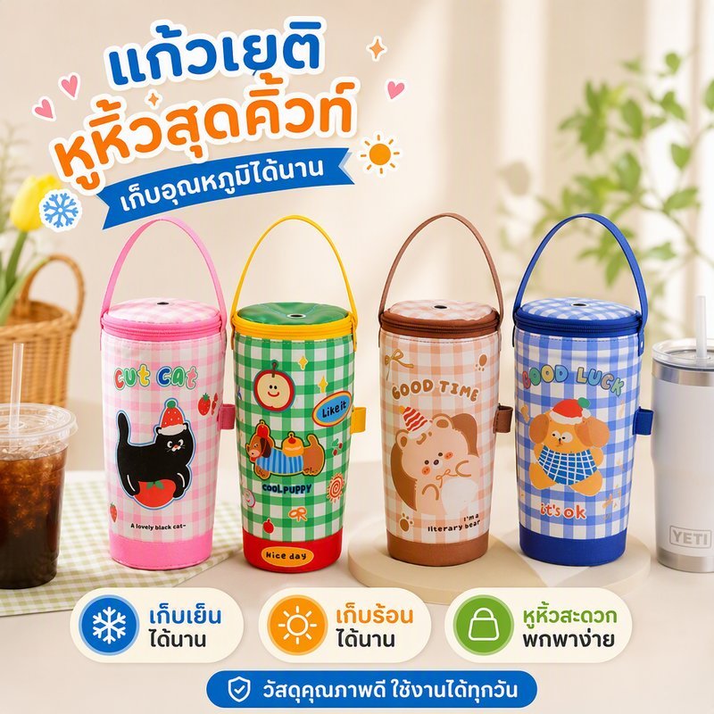 กระเป๋าใส่แก้วเก็บอุณหภูมิ ถุงใส่ชานมกาแฟ รูหลอด ฉนวนร้อนเย็น หูหิ้ว สำหรับแก้วเยติ
