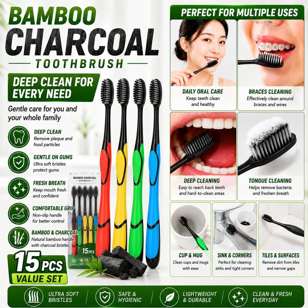 MIX CHARCOAL BAMBOOแปรงสีฟัน Soft Bamboo Charcoal ผู้ใหญ่ Cleancare Gums Fine Hair Home Unisex