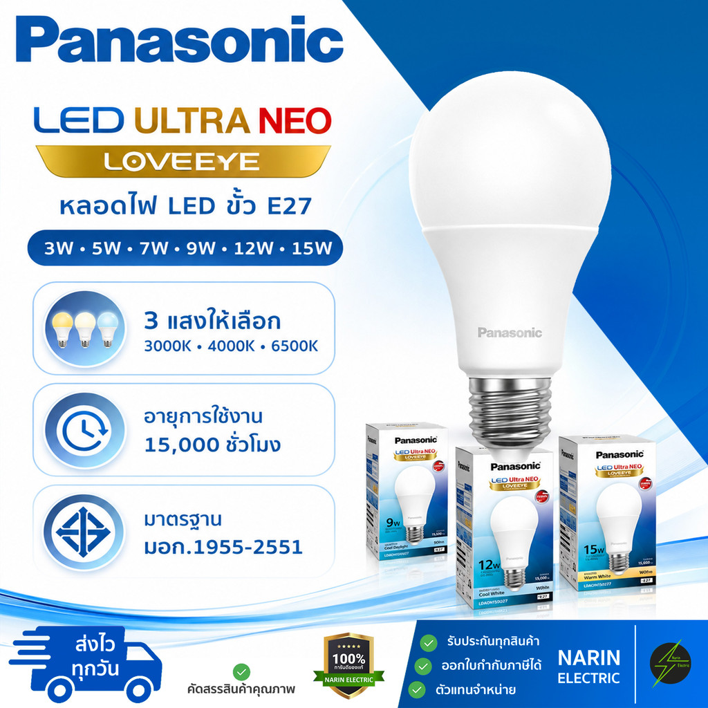 หลอดไฟ LED Panasonic Ultra NEO Loveeye ขั้ว E27 3W 5W 7W 9W 12W 15W หลอดประหยัดไฟ แสง 3000K 4000K 6500K