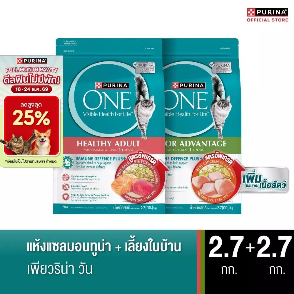 [คู่หูขายดี] Purina One Indoor 2.7กก + Salmon 2.7กก