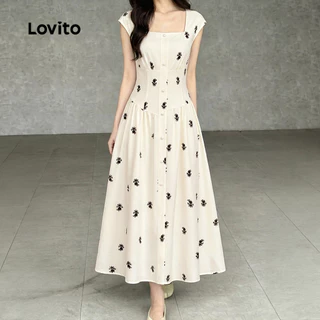 (New Arrival) Lovito เดรสสีน้ําเงินเข้มสําหรับผู้หญิง ลายแพทเทิร์นสวยหรู กระดุมหน้า เหมาะสําหรับฤดูใบไม้ผลิ/ฤดูร้อน LBL36139