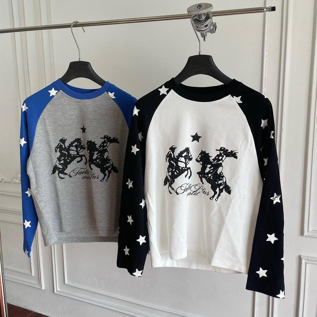 SUIKONE ซุยโคเนะ เสื้อยืดผู้ชายแขนยาวแบรนด์แฟชั่นอเมริกัน วาฟเฟิลสีตัดกันสไตล์เป็นกลาง — صورة 5