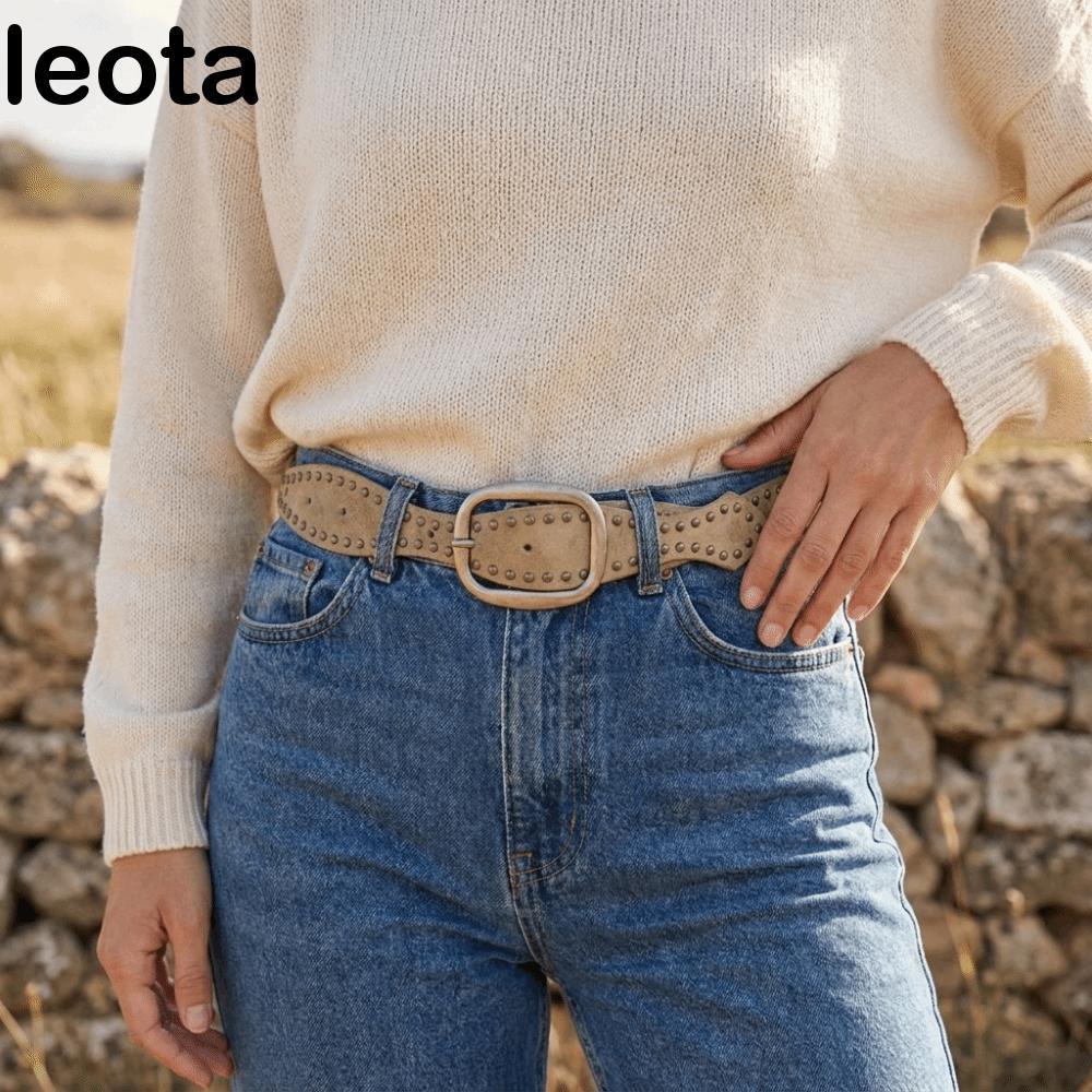 LEOTA Double-Row Rivet Belt, Retro Pin Buckle เข็มขัดคาดเอว, Punk Faux Leather Metal Stud Wave Type 