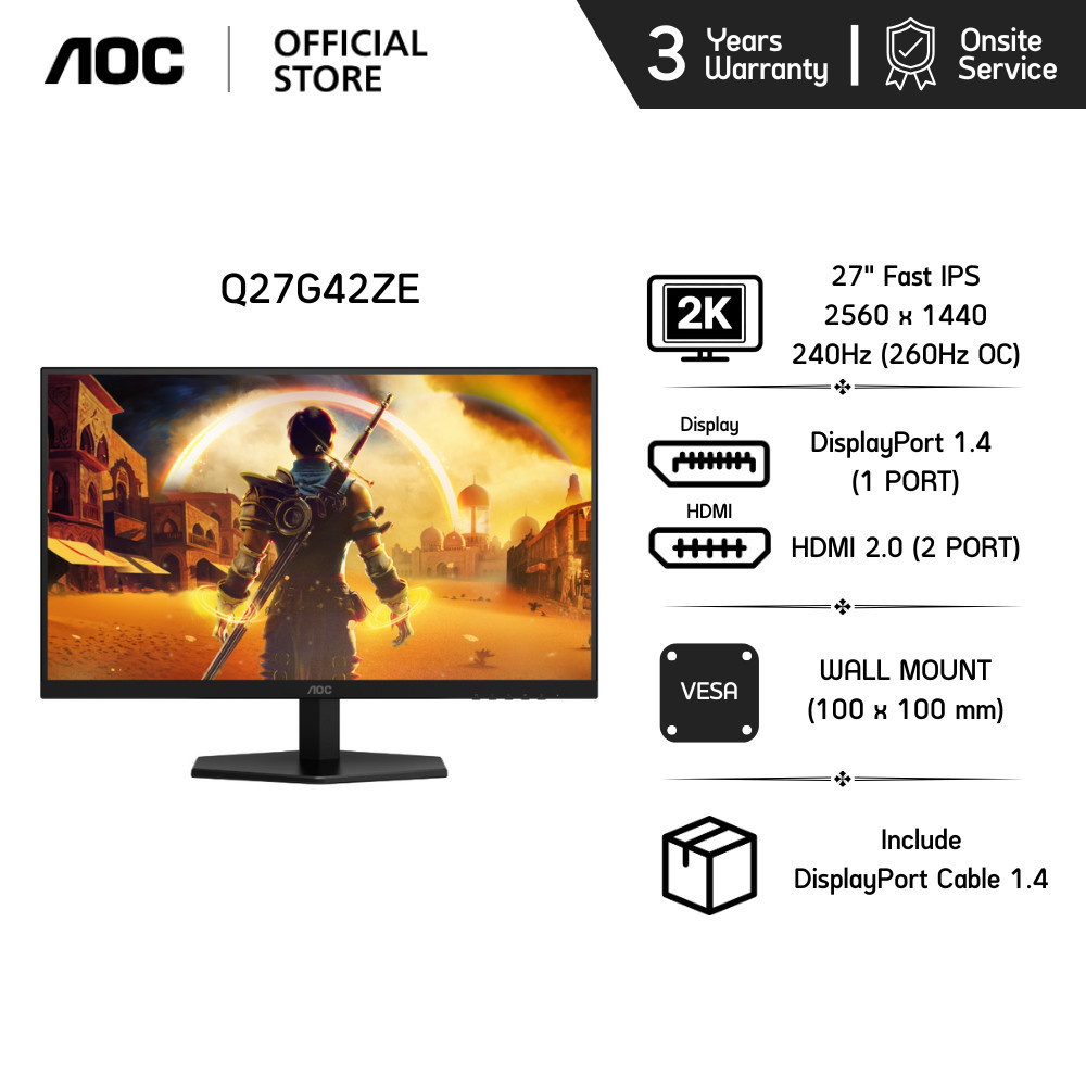 AOC Q27G42ZE/67 GAMING MONITOR (เกมมิ่งมอนิเตอร์) 27" FAST IPS 240Hz (OC 260hz) 2K