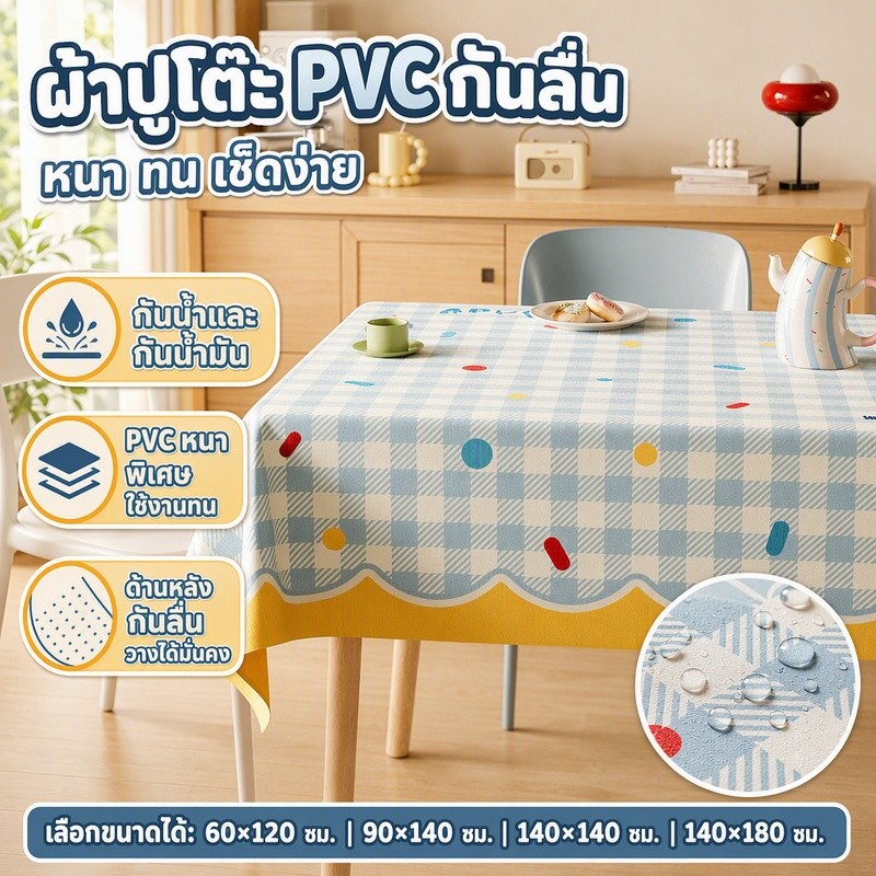 ผ้าปูโต๊ะ PVC กันลื่น เลือกได้ 7 ขนาด ผ้าปูโต๊ะหนา 5 ชั้น กันน้ำและกันน้ำมัน ทนความร้อนสูง ทำความสะอาดง่าย 60*120/90*140