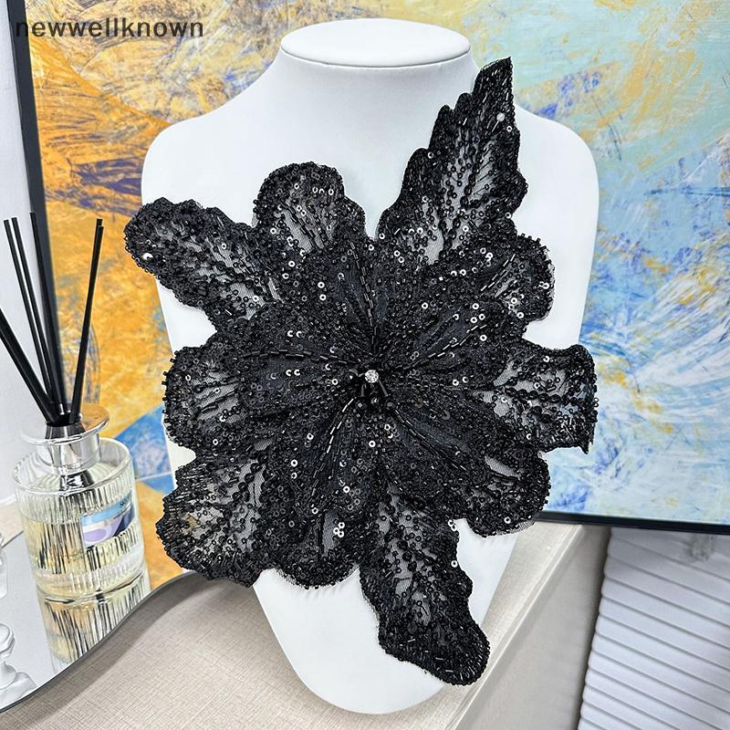 NETH เลื่อมลูกปัดดอกไม้คอ Applique ลูกไม้สีขาวปัก Patch Corsage DIY ตกแต่งชุดแต่งงานเสื้อผ้าอุปกรณ์เ