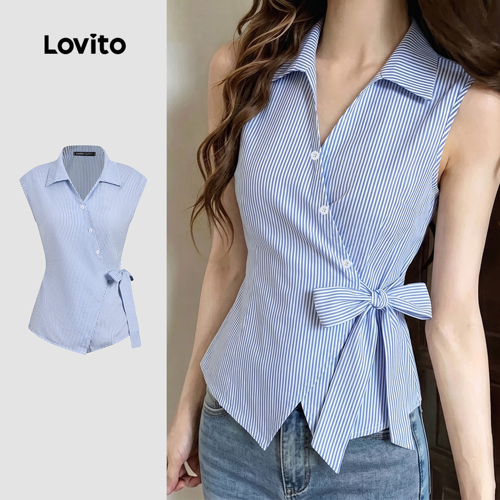 (New Arrival) Lovito เสื้อเบลาส์ลําลองสําหรับผู้หญิง ทรงไม่สมมาตร สีฟ้า เหมาะสําหรับฤดูใบไม้ผลิ/ฤดูร้อน LK7ED194