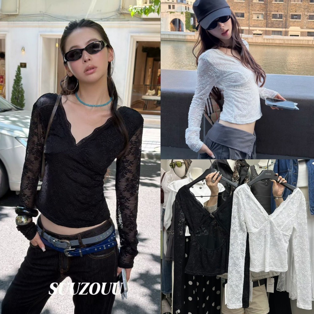 SU577 เสื้อลูกไม้แขนยาวรุ่นนี้คือสวยตาแตกมากกก! ข้างหน้าดูเป็นสาวหวานคอว แฟชั่นเกาหลี TAG MM Fish