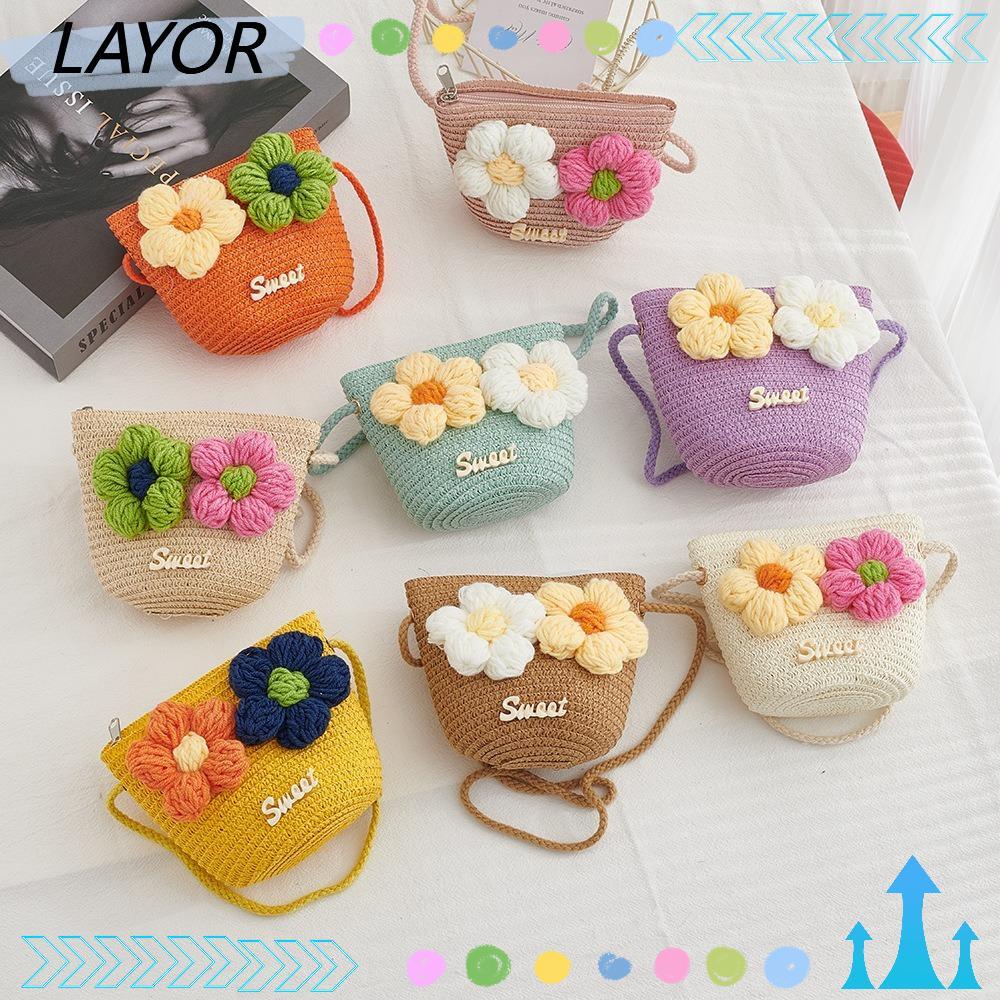 LAYOR Kids Messenger Bags, Flower Zipper Straw Bag, Princess Mini Handbag Kids
