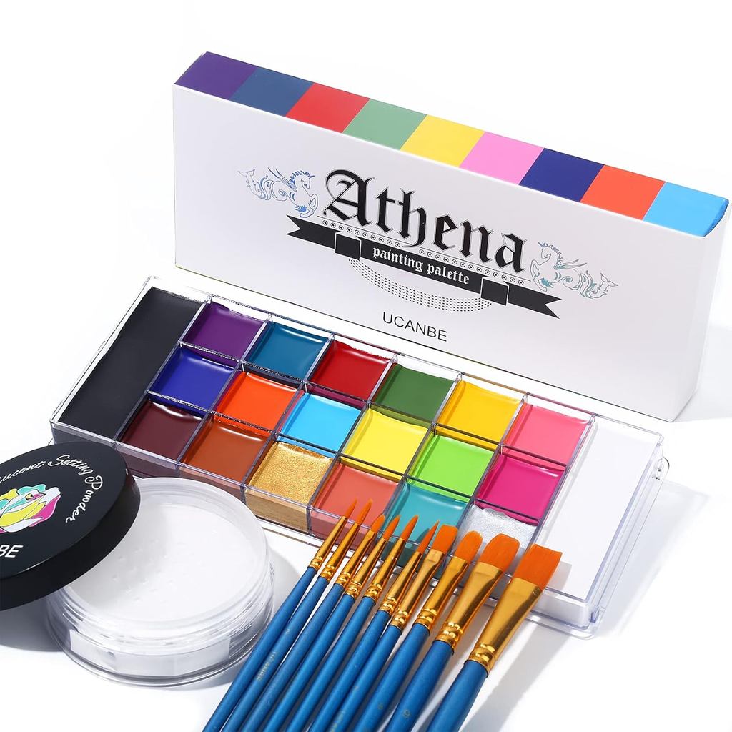 UCANBE Athena Face Body Paint Oil Palette + Translucent Setting Powder + 10PCS ชุดแปรง, Professional