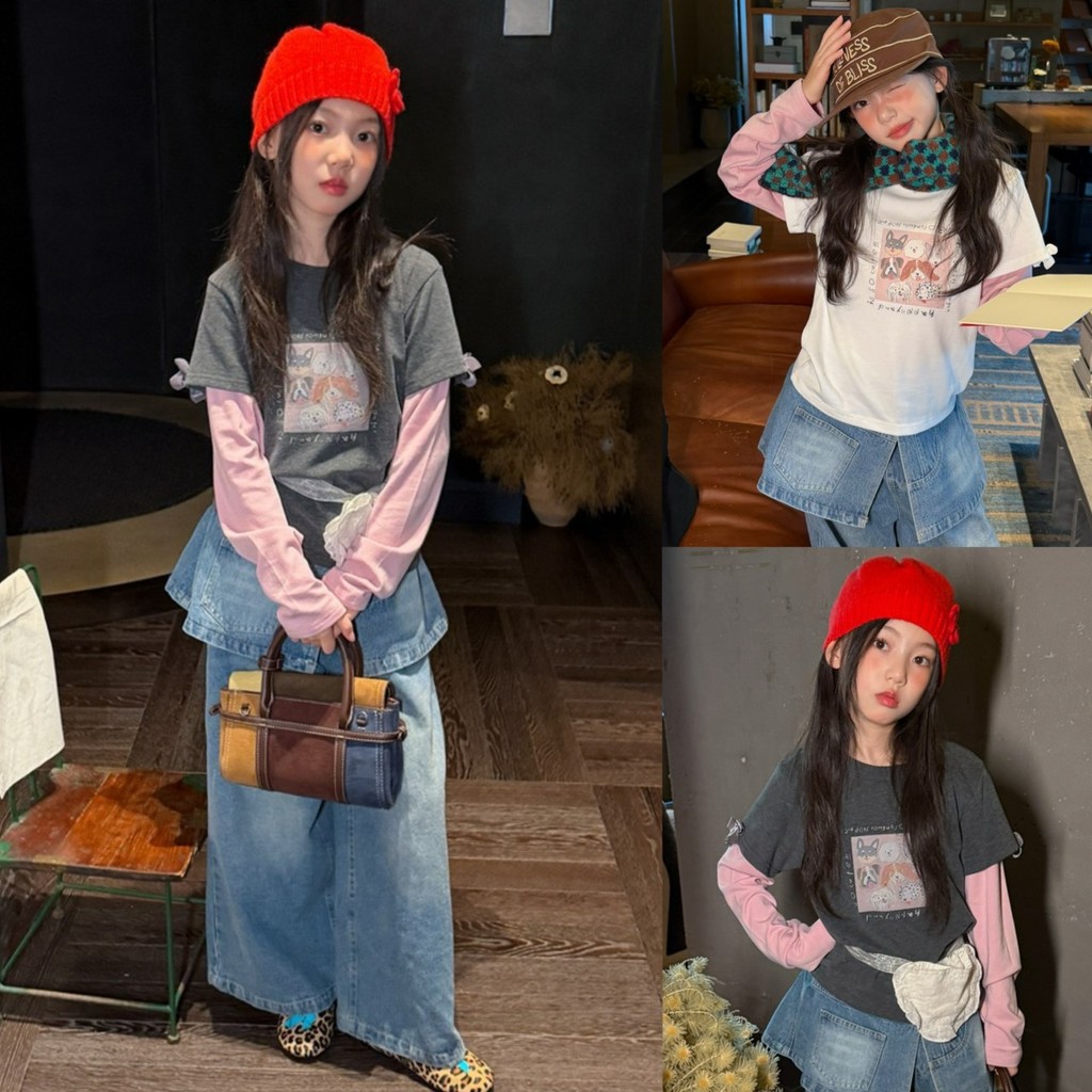 PRETTY BABY เสื้อยืดเด็ก คอกลมแขนต่อ เสื้อแขนยาว แฟชั่นเด็ก(2411)