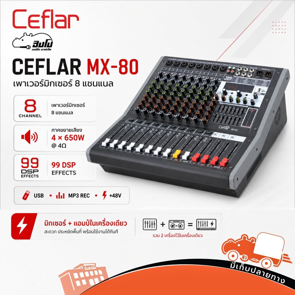 Ceflar MX80 เพาเวอร์มิกเซอร์ Power Mixer มิกเซอร์มีแอมป์ CEFLARMX80 CEFLAR-MX80 Hippo Audio