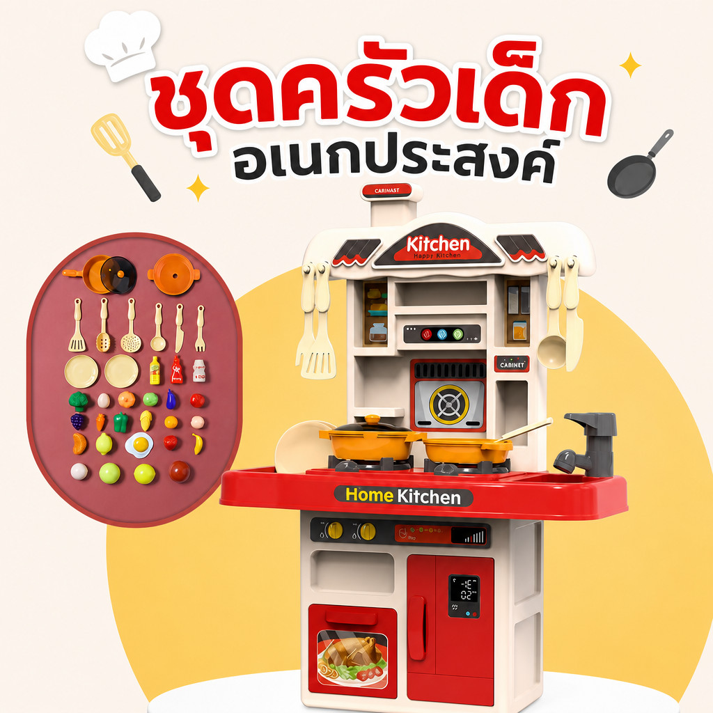 ชุดครัวใหญ่ ชุดครัวใหญ่ ของเล่นเด็กครัว+กระเช้าผลไม้（ชุดครัวของเล่น# ของเล่นผักและผลไม้#มีเสียง มีไฟ เตาเเก๊ซมีควัน）51CM