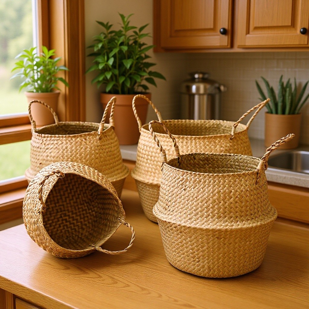 Hand‑Woven Basket with Handle, Rattan Wicker Storage Basket