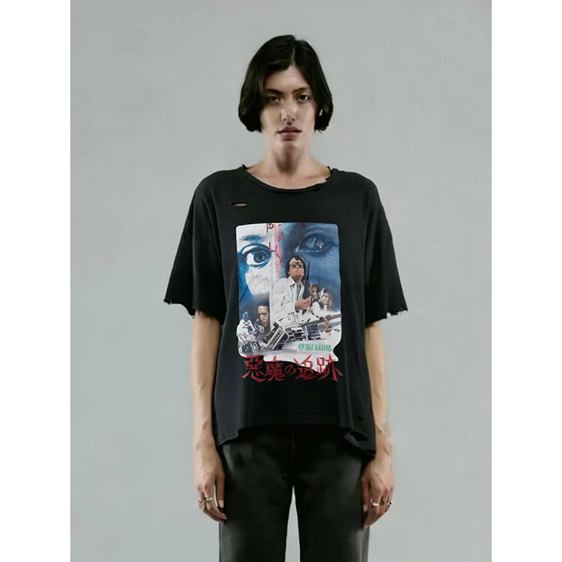 Paly Hollywood 26SS Hollywood Amusement Park เดินกับเสื้อยืดแขนสั้น Velcro Wash Distressed อินเทรนด์