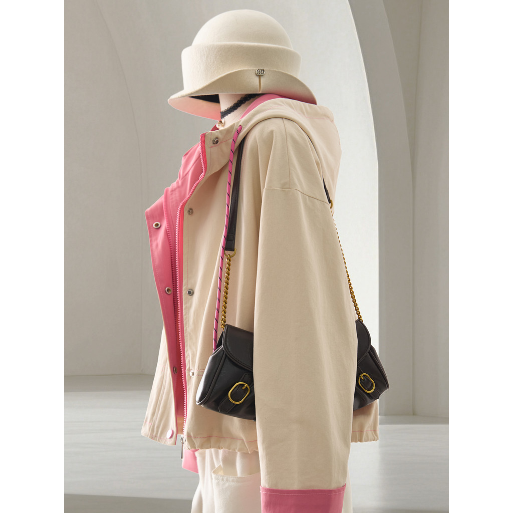 4U4U Beige Contrast สี Hooded Jacket ผู้หญิง 2026 Super Hot Age-Reduction สไตล์เกาหลีหลวม All-Match 