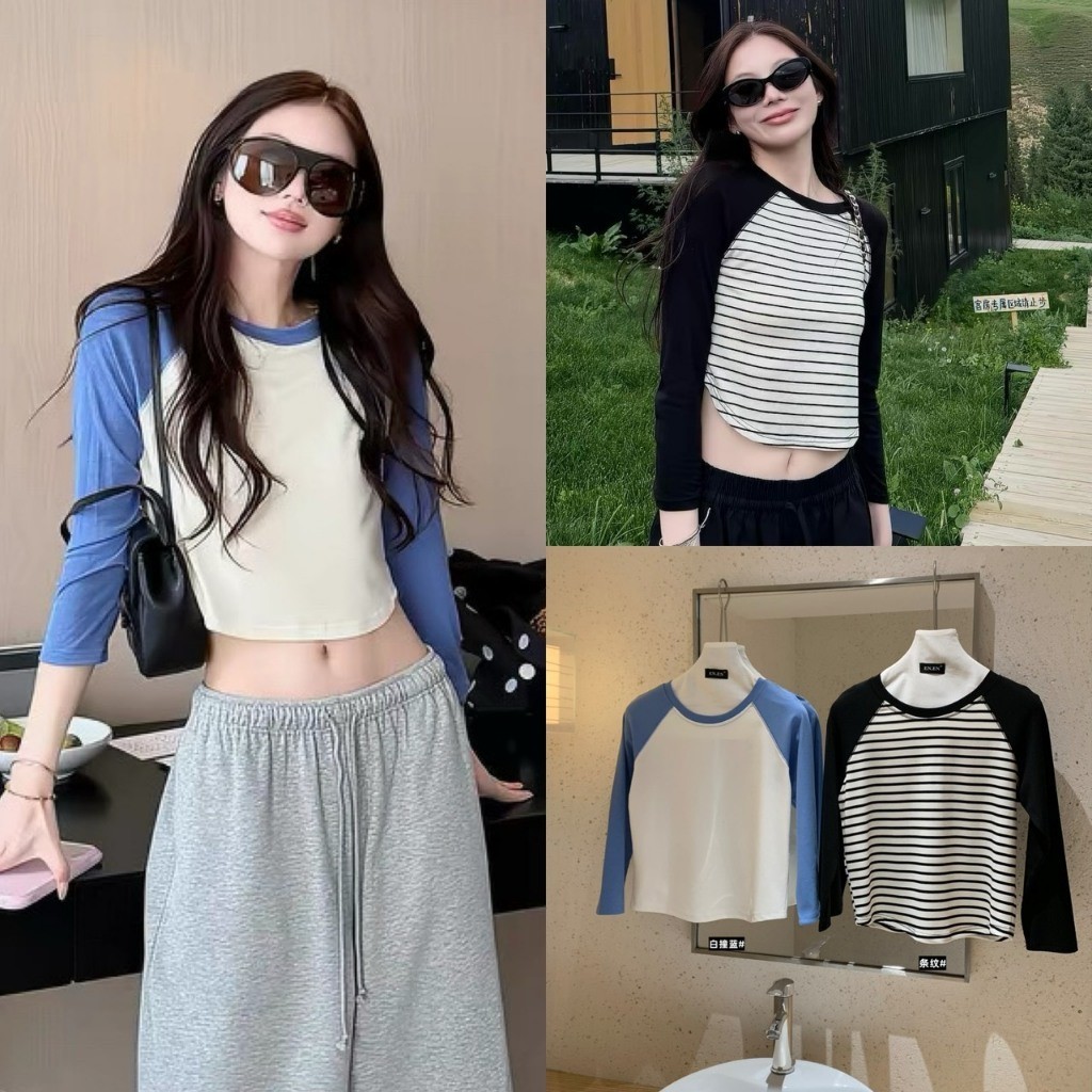 ❤ 🧵 🇰🇷 W10834 เสื้อยืดแขนสโลปยาวสไตล์สตรีทเกาหลี ไอเทมสุดเท่สไตล์ Y2K ที่สายแฟชั่น แฟชั่นเกาหลี TAG WG.WE 🧵🧡