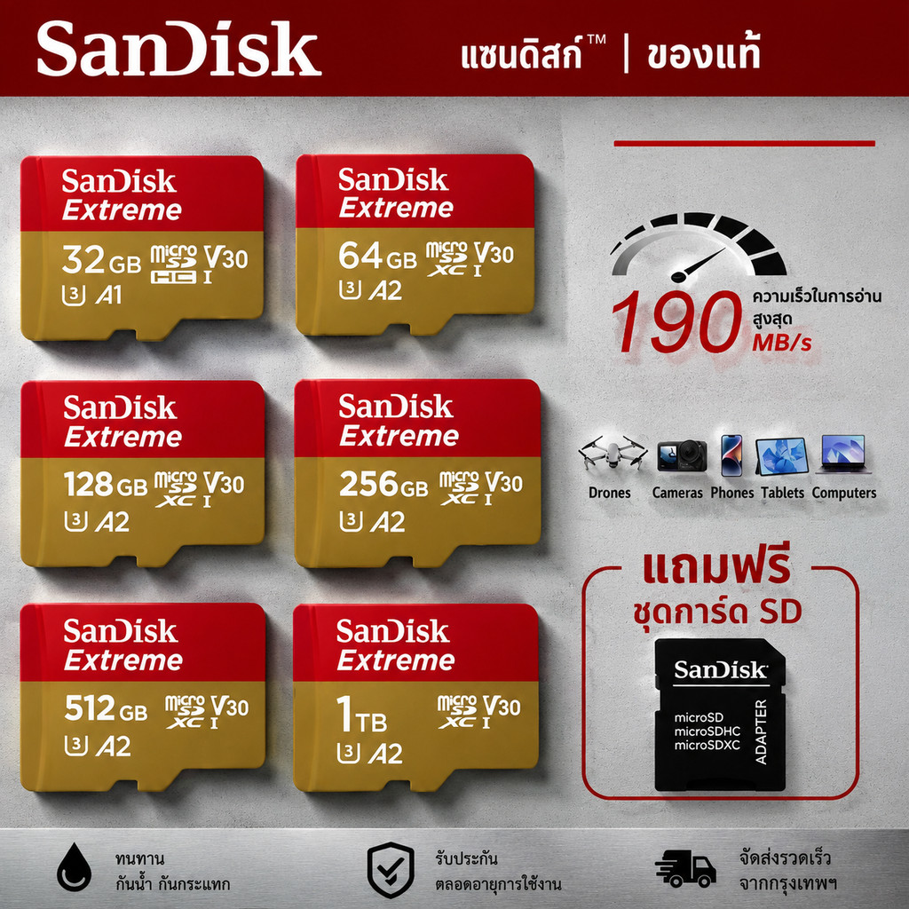 SanDisk EXTREME micro SDXC UHS-I A2 32GB-1TB (SDSQXAV-32GB-1TB-GN6MN) reads 190MB/s writes 130MB/s