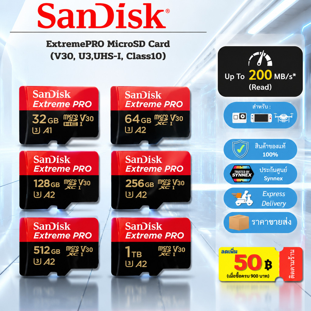 SanDisk Extreme Pro Micro SDcard 16GB 32GB 64GB 128GB 256GB 512GB 1TB UHS-I V30 4K U3 C10 A2 แท้ การรับประกันถาวร