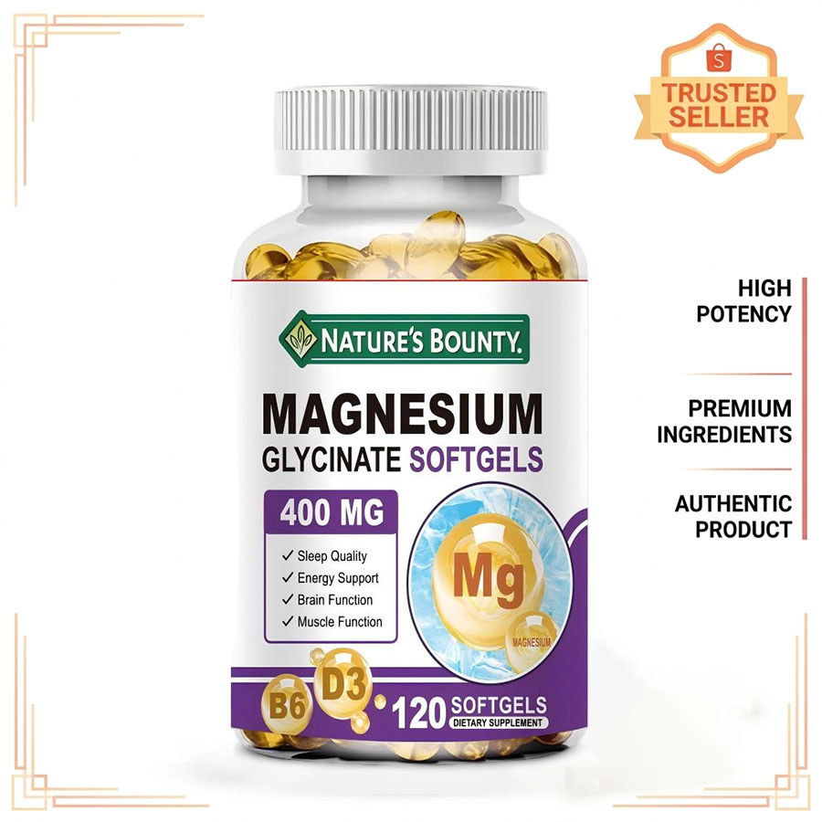 Nature's Bounty Magnesium Glycinate 400mg พร้อม Vitamin B6 D3 ช่วยดูแลความสบายและการพักผ่อนประจำวัน