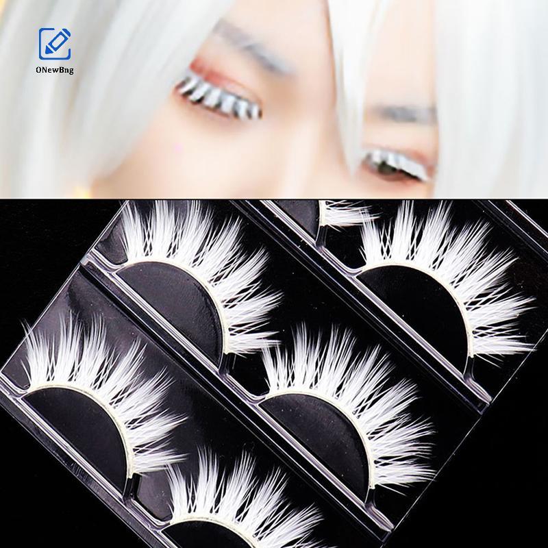 ONew 3 คู่ขนตาสีขาวคอสเพลย์แต่งหน้าธรรมชาติยาว Cross Strip False Eye Lashes Bng