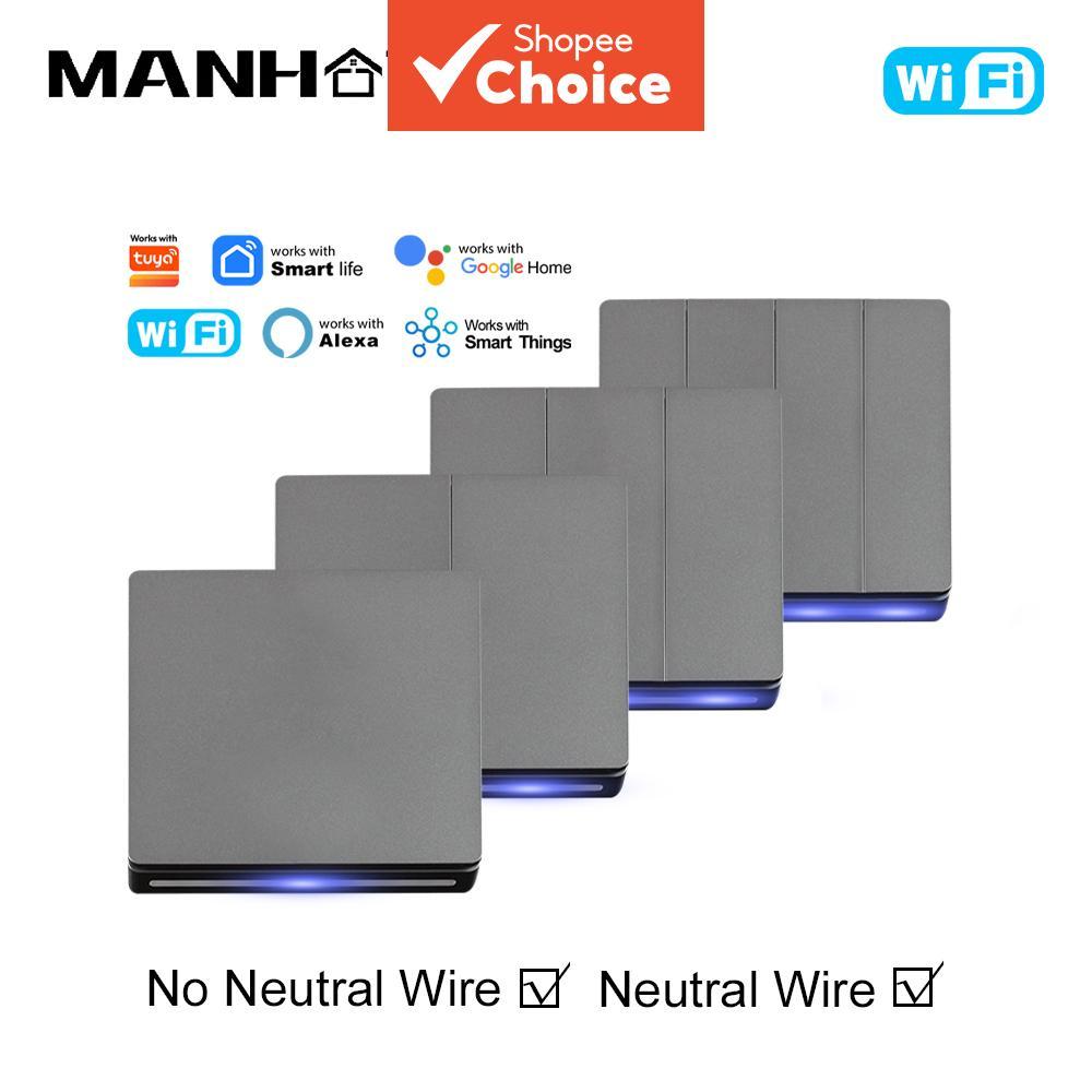 สวิตช์ไฟอัจฉริยะ Manhot WIFI ไม่ต้องใช้สายนิวทรัล/มีสายนิวทรัล รองรับ 1-4 ปุ่ม ควบคุมด้วยเสียง ใช้งานร่วมกับ Tuya และ Alexa