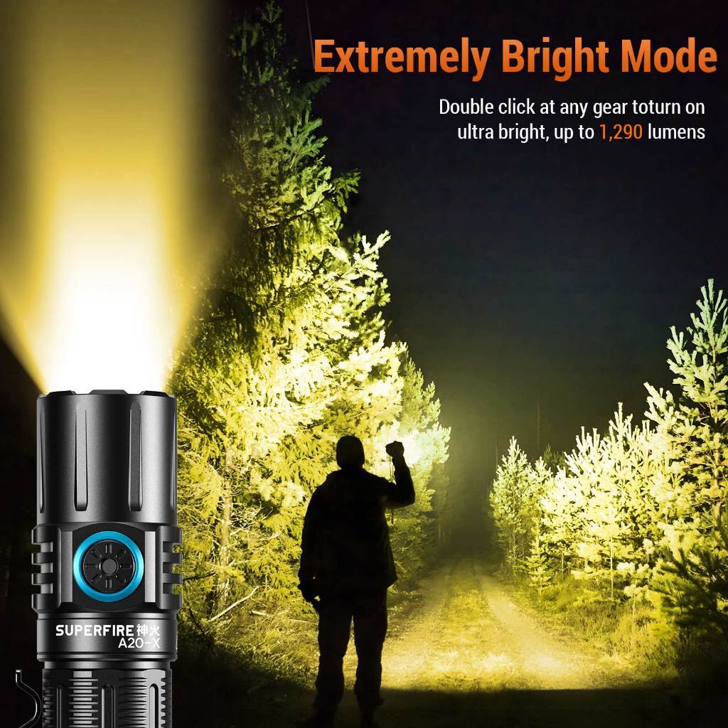 SUPERFIRE A20‑X ไฟฉาย LED แสงสีเหลือง 15W สว่างมาก 1290 ลูเมน กันน้ำ ชาร์จได้ ไฟสปอตไลท์ สำหรับกลางแจ้ง — صورة 5