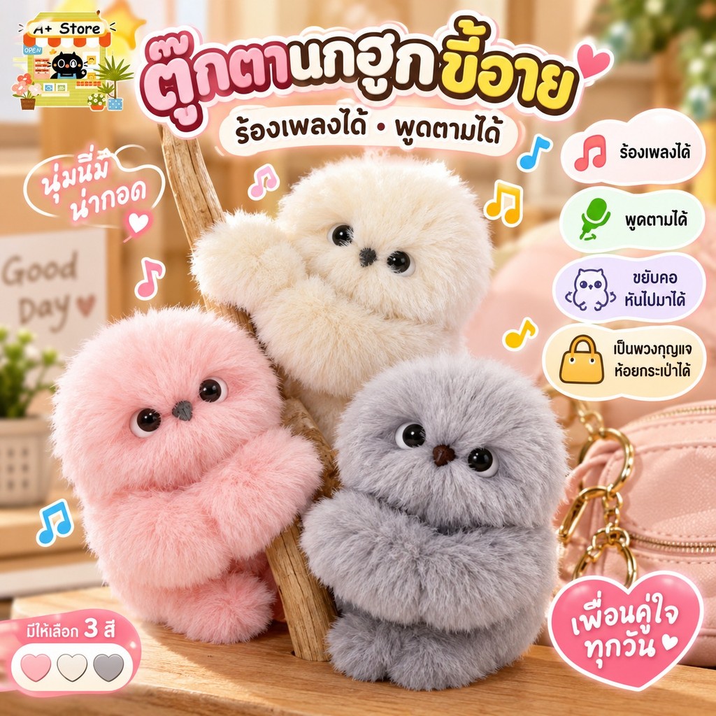COD ตุ๊กตานกฮูก ตุ๊กตาสัตว์นุ่มไฟฟ้า ร้องเพลงได้ จะพูดได้ พวงกุญแจกระเป๋า มัลติฟังก์ชัน 18CM