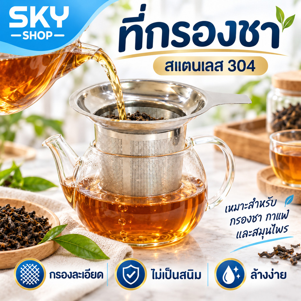 SKY ที่กรองชา ที่กรองใบชา สแตนเลส304 ตาข่ายกรองชา ที่ใส่ชา ที่ใส่ใบชา ที่ใส่สมุนไพร สำหรับชงดื่ม สำหรับใส่ใบชา