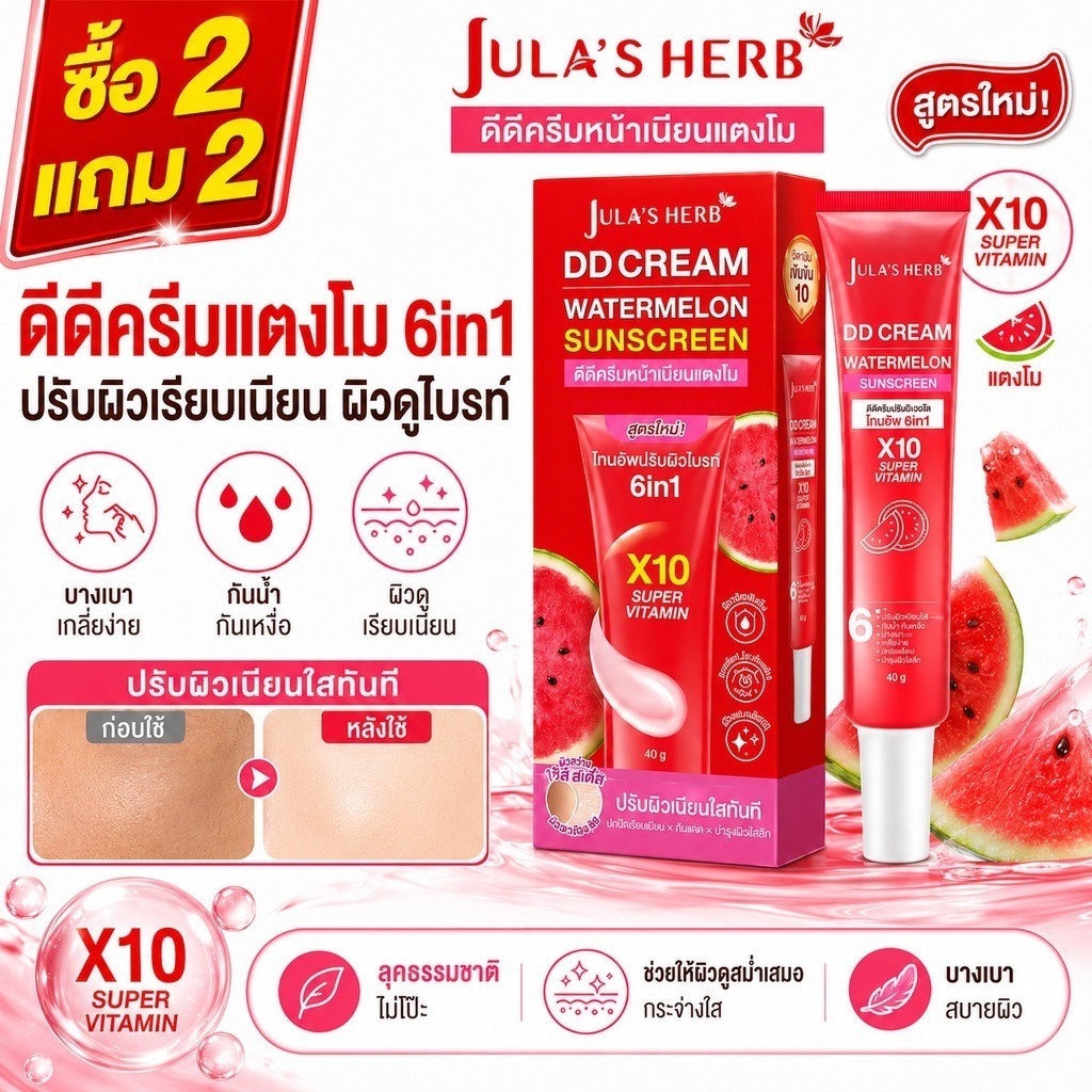 JULA'S HERB ซื้อ 1แถม1DD Cream Sunscreen ครีมกันแดดแตงโม SPF50 PA+++ วิตามิน X10 กันแดดหน้า กันน้ำ ไม่เหนอะ ผิวฉ่ำใส กัน