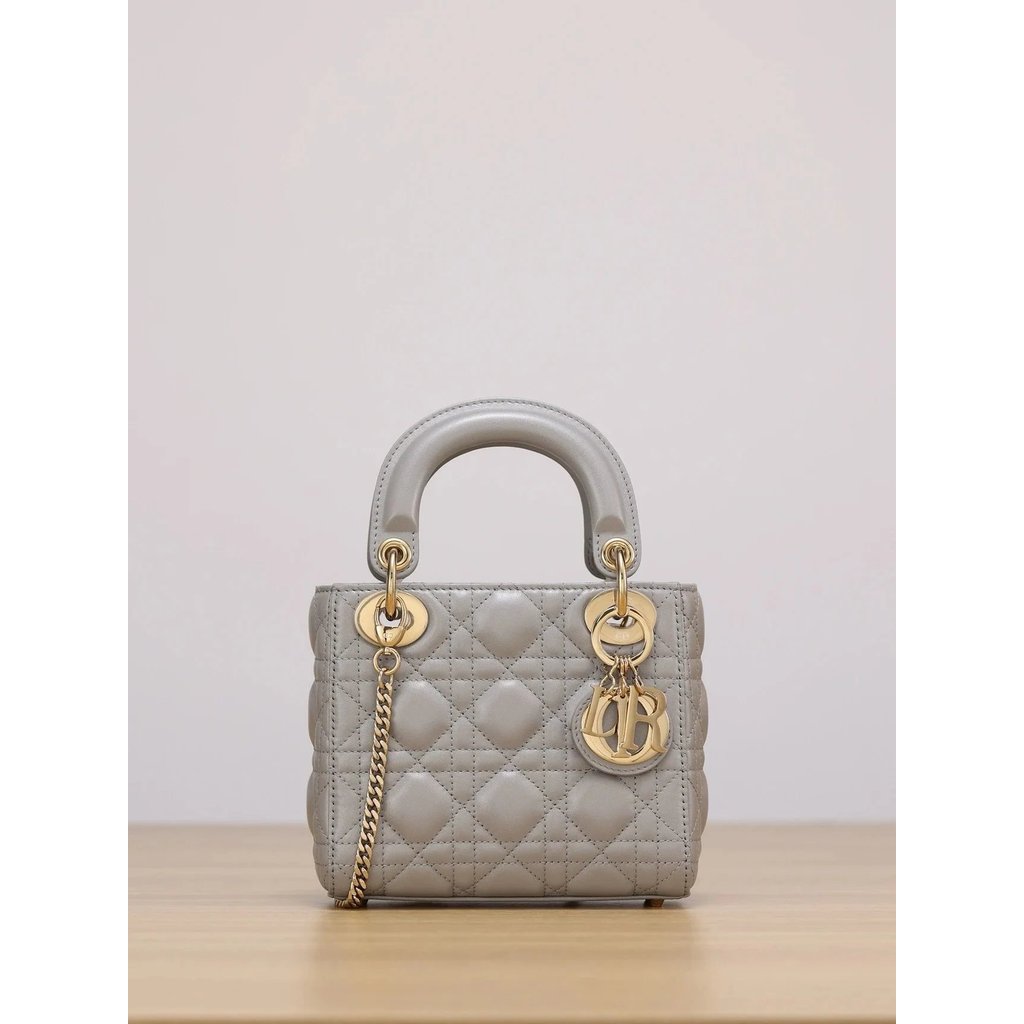 Dior Three-Grid หนังแกะ Pearlescent สีเทา dior กระเป๋ากระเป๋าสะพายไหล่ Messenger กระเป๋าถือกระเป๋าแฟ