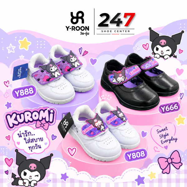 🚚ส่งตรงโรงงาน🚀✨Y-ROON รองเท้านักเรียนอนุบาล หนังดำ รุ่น Y666 ลายคุโรมิ สุดcute ดำม่วง💜 Size 25-34