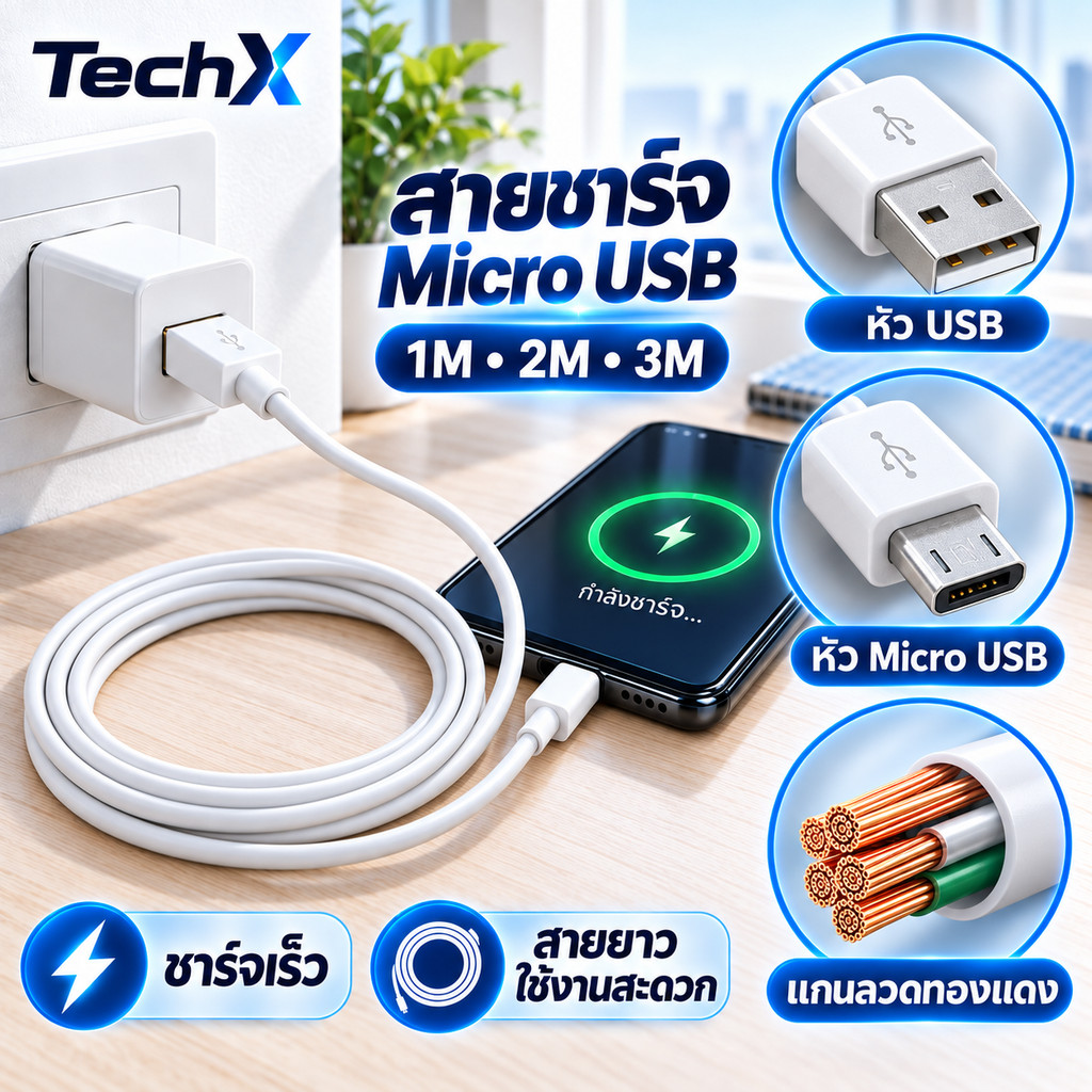 TechX สายชาร์จ MircoUSB 1M 2M 3M สายชาร์จแอนดรอยด์ ต่อไมโครUSB สำหรับโทรศัพท์มือถือและแท็ปเล็ตของ Samsung Huawei Xiaomi