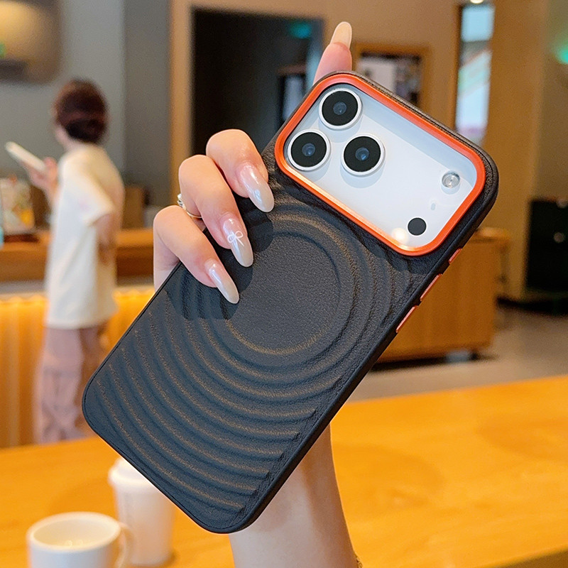 สําหรับ iPhone 17 Pro Max, iPhone Air Case ELVEV Firm หนัง Anti-slip เลนส์โลหะ Border Ripple รูปแบบฝ