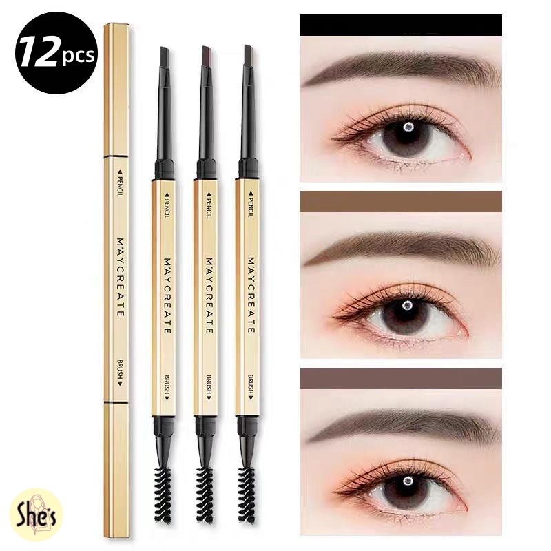 ดินสอเขียนคิ้ว(12แท่ง) Double HEAD แบบหมุนอัตโนมัติ 2in1 Eye Brow สีชัด เขียนง่าย ติดทนนาน พร้อมแปรง