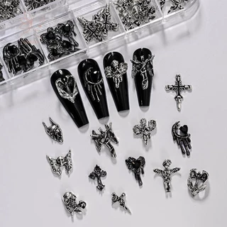 [maybeauty] 12Grid Vintage Cross Nail Art Charms Y2k โลหะสไตล์โลหะผสม Cross Skeleton Angel อุปกรณ์ตกแต่งเล็บ {TH}