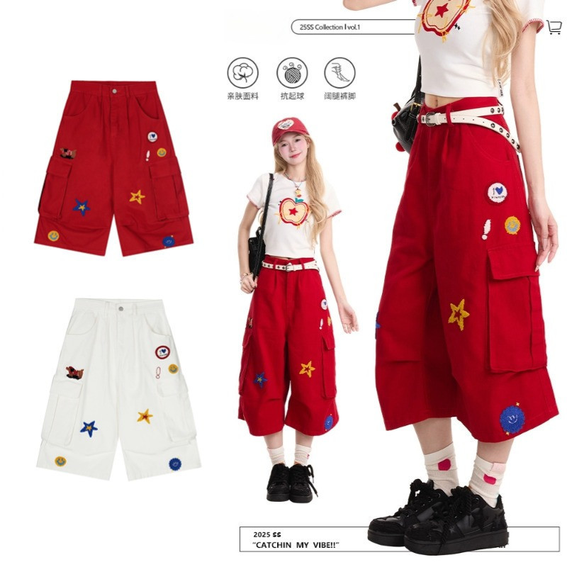 กางเกง cargo capri กว้างขามีกระเป๋าหลายช่อง สไตล์ฮิปฮอป สีแดงสำหรับคนแต่งกายแนวๆ