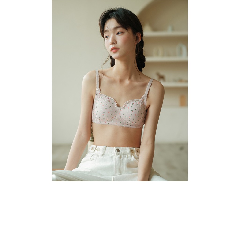 Wdz สไตล์ฝรั่งเศสสาวน่ารักนักเรียนสาวดอกไม้สบายไม่มีแหวนชุดชั้นในสตรีสามเหลี่ยมถ้วยบางหน้าอกเล็กที่ส