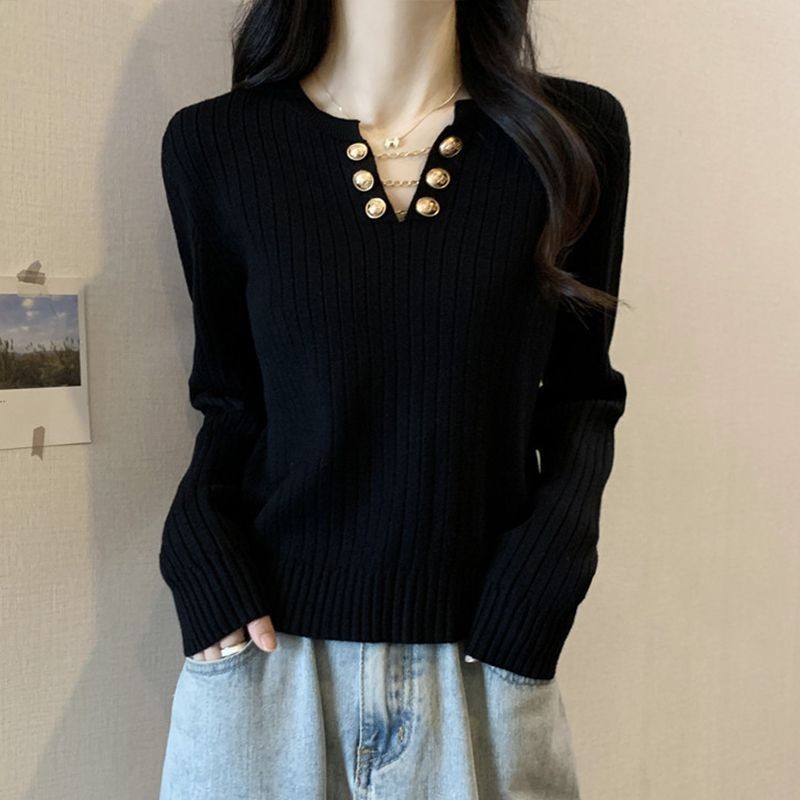 การออกแบบความรู้สึกเสื้อถักด้านในผู้หญิงลดอายุ Slimmer ดูเสื้อกันหนาวคอปกฤดูใบไม้ร่วงฤดูหนาว 2025v B